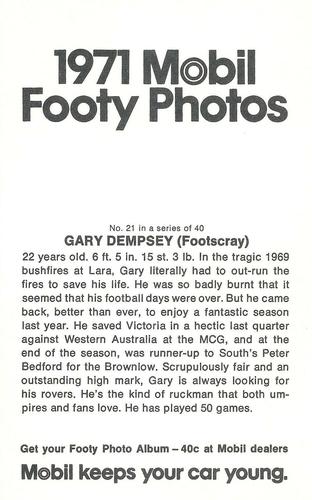 1971 Mobil Footy Photos VFL #21 Gary Dempsey Back